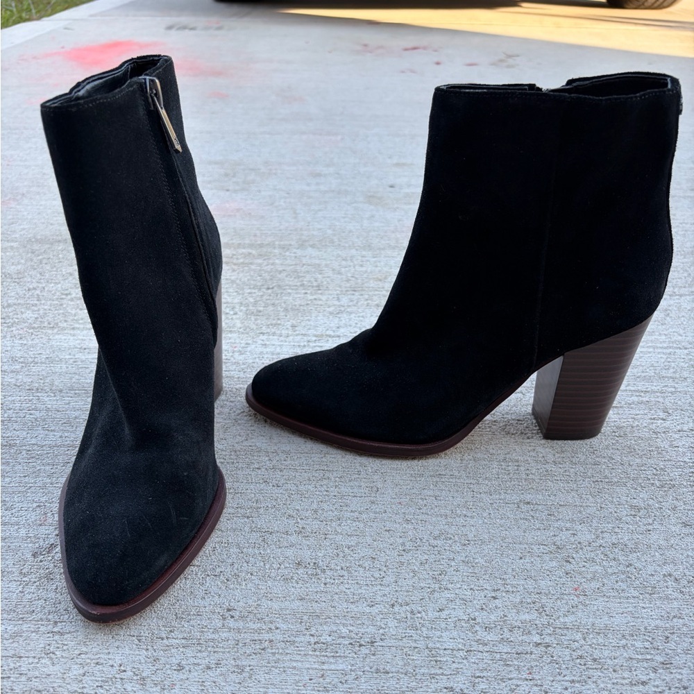 sam edelman black suede ankle boots block heel minimalist western booties 6.5